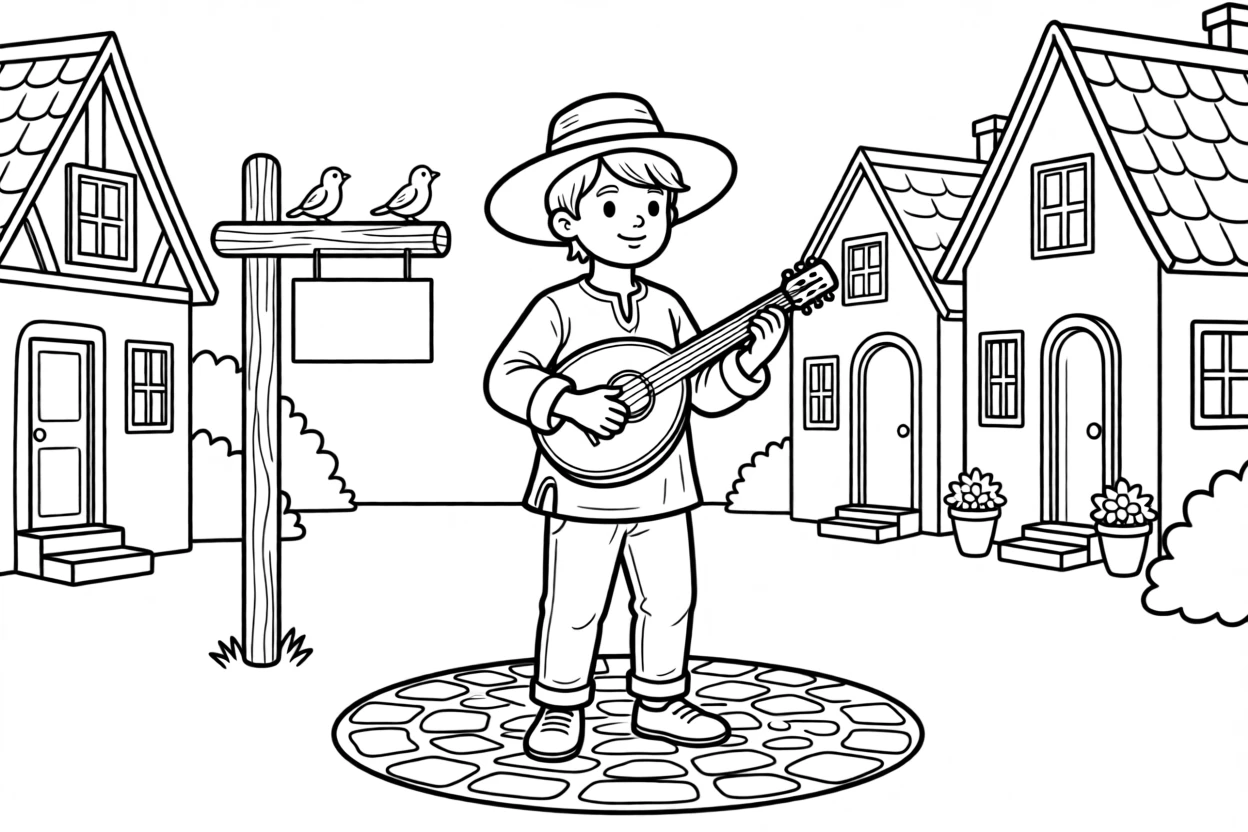 A wandering minstrel playing music in a village square