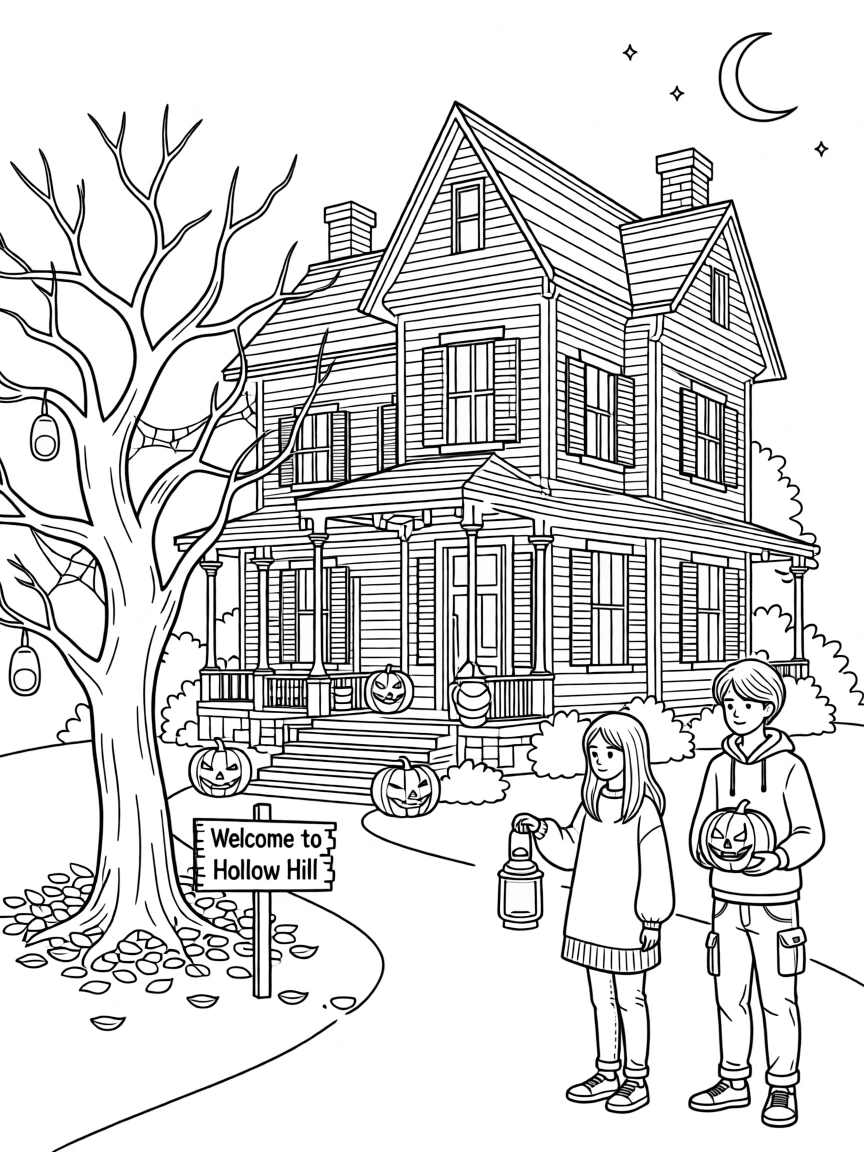 A haunted house with cobwebs and flickering jack-o-lanterns, with warm lantern light glowing across the scene.