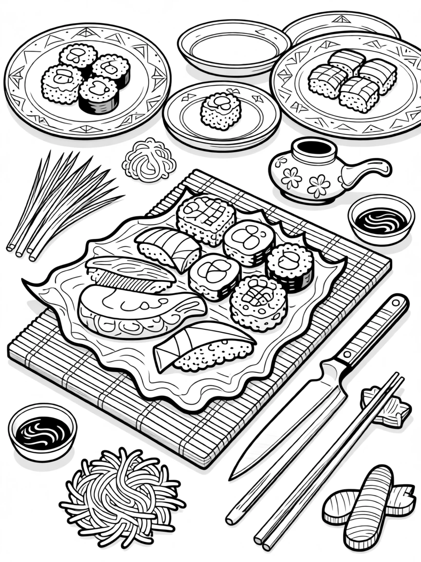 A gourmet sushi rolling scene with a bamboo mat and fresh fish.