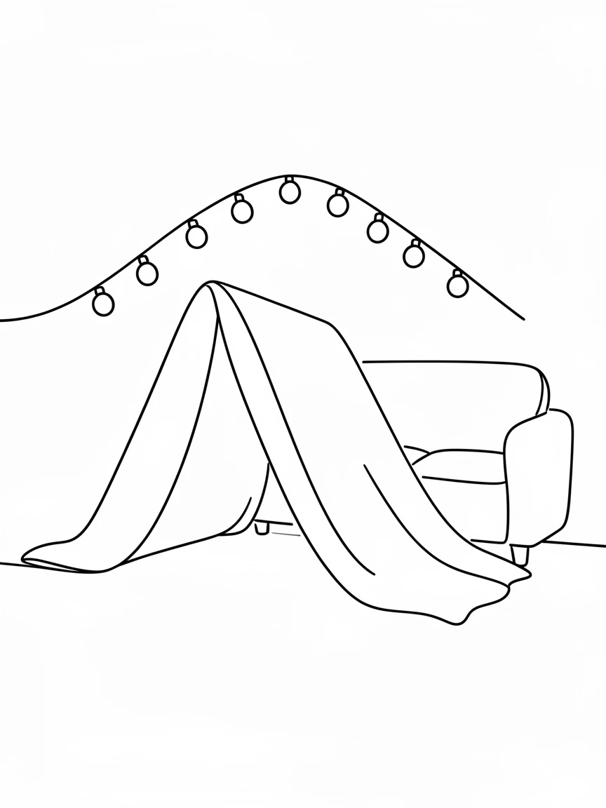 A cozy blanket fort built in a living room with fairy lights strung above
