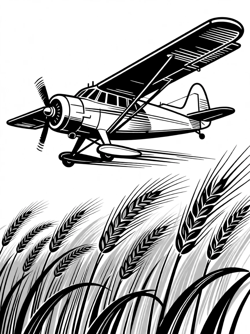 A vintage crop duster plane flying low over a golden wheat field.