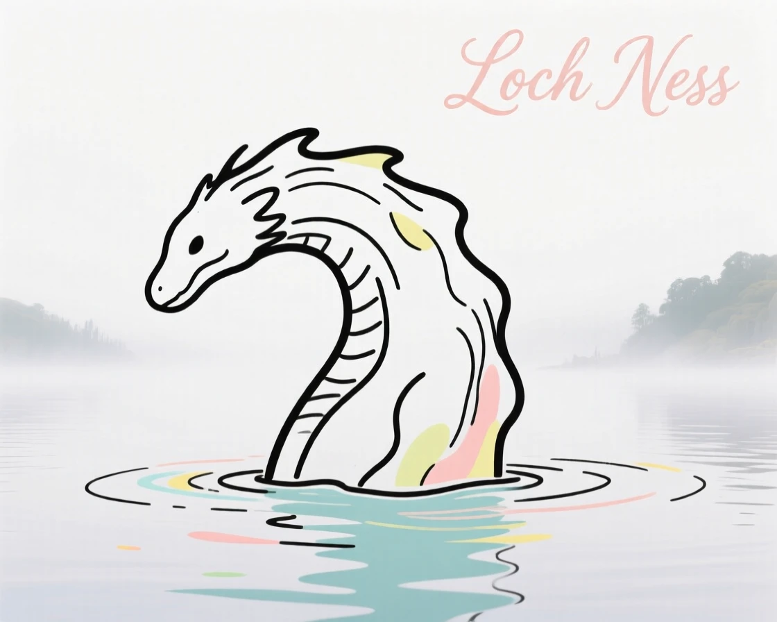 The Loch Ness Monster surfacing gently in a misty Scottish loch.