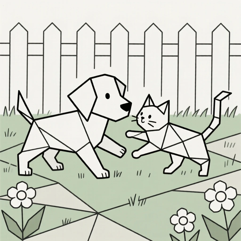A puppy and kitten playing together in a garden