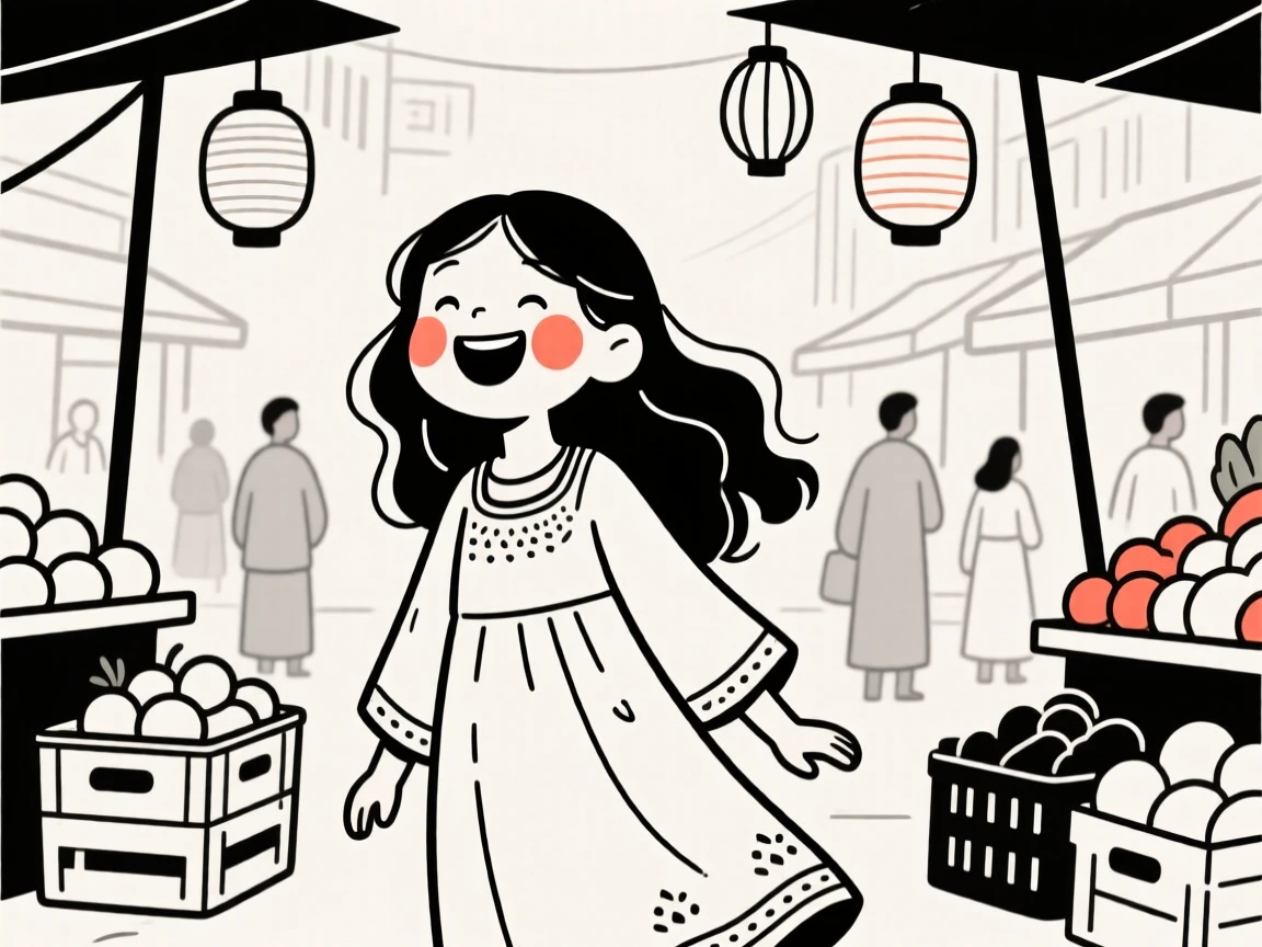A young girl of Indian heritage in a flowing bohemian dress, laughing joyfully, in a bustling city market.