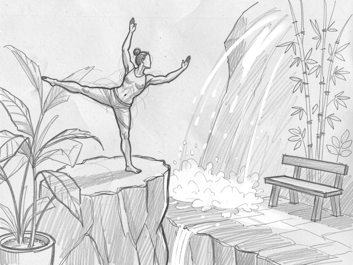 An energetic scene of a yoga practitioner holding a pose on a cliffside in a peaceful garden studio, with spray catching the sunlight.