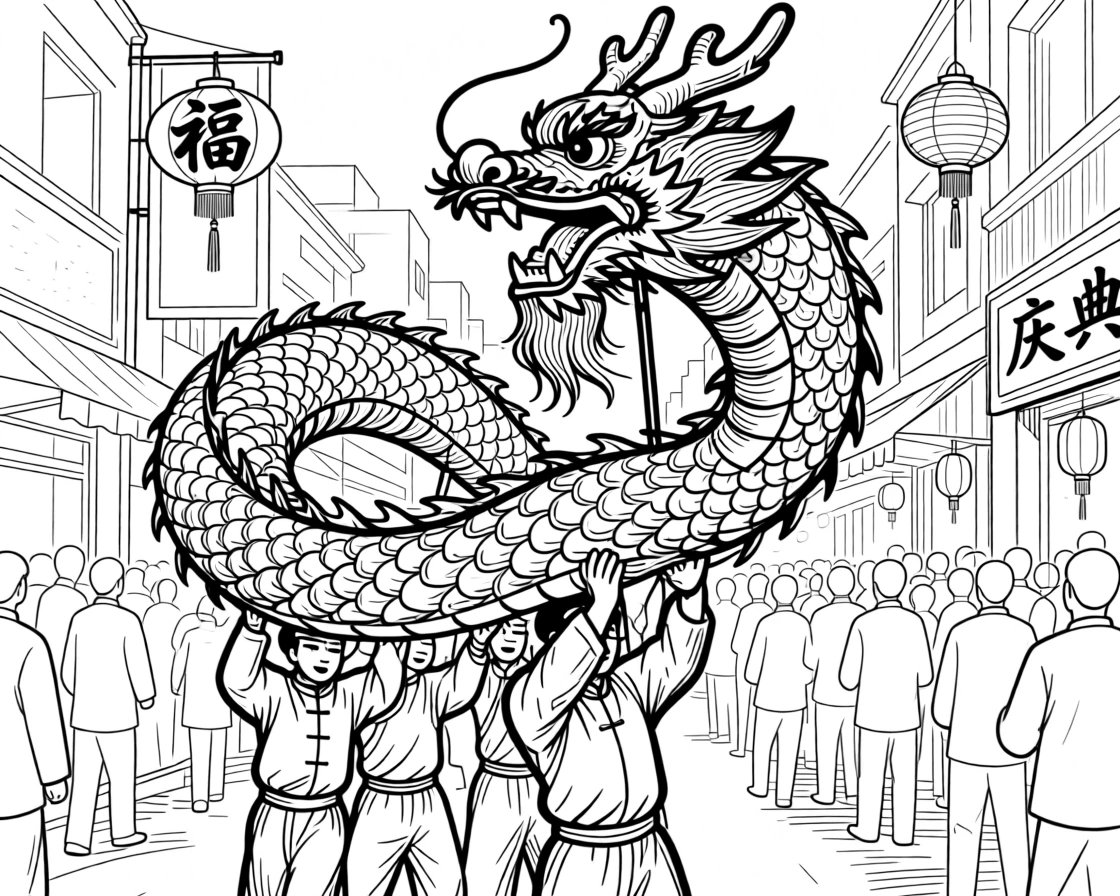 A traditional dragon dance winding through a crowded street during a festival.