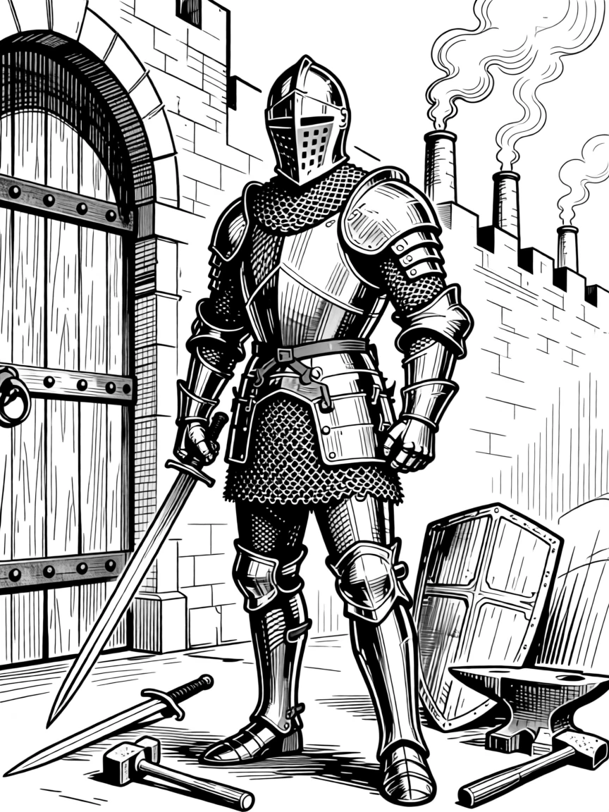 A medieval knight in full armor before a castle gate as smoke rises gently from nearby chimneys, with traditional tools laid out with care, portrayed in a vibrant with cultural pride historical scene.