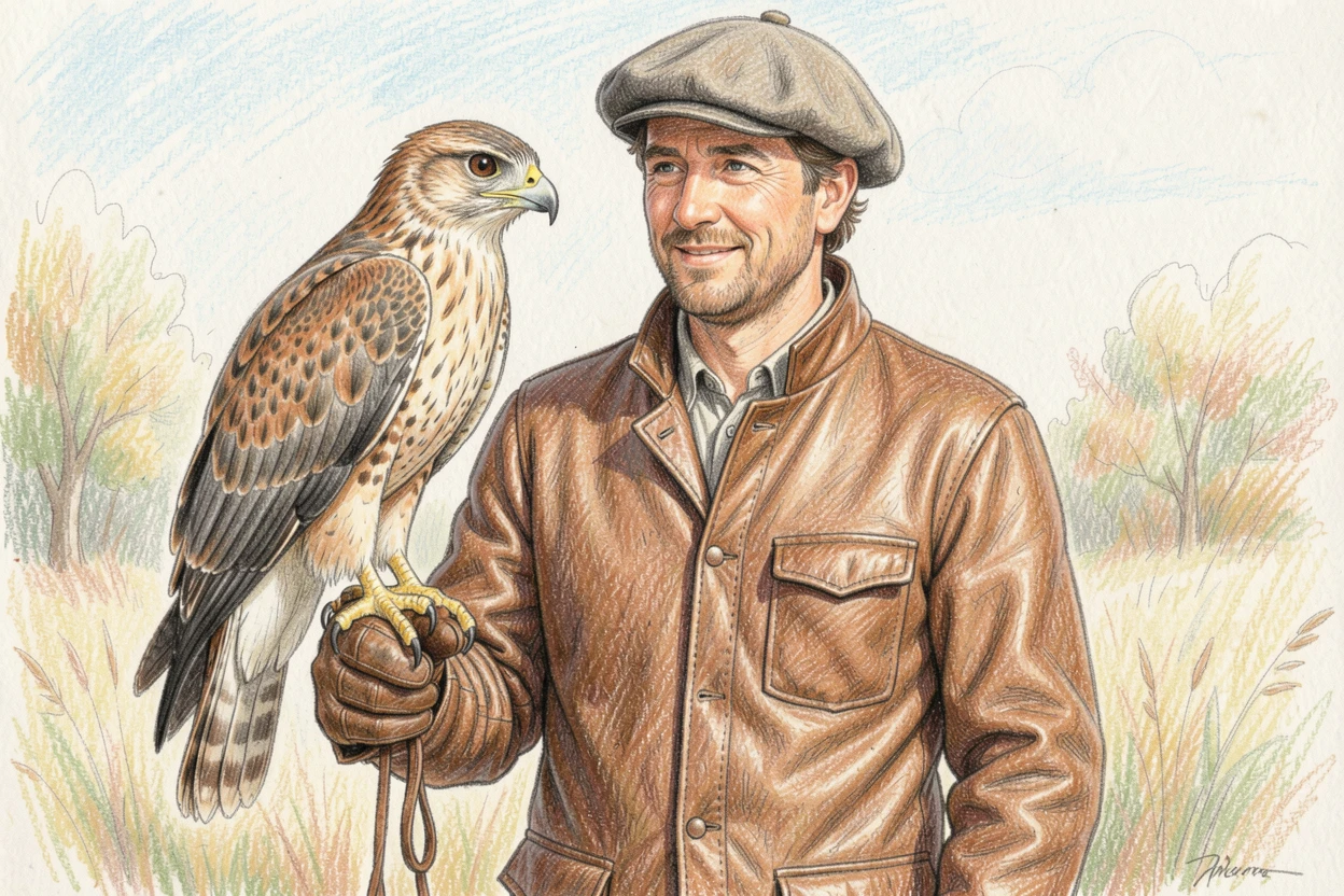 A falconer with a majestic hawk perched on his gloved arm, with rich, inviting textures throughout the scene, full of charm, emotion, and visual delight.