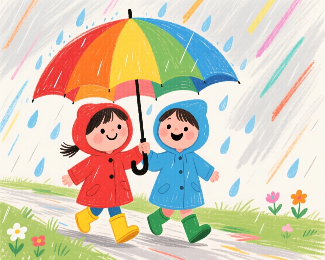 Two children sharing an umbrella while walking through gentle rain.