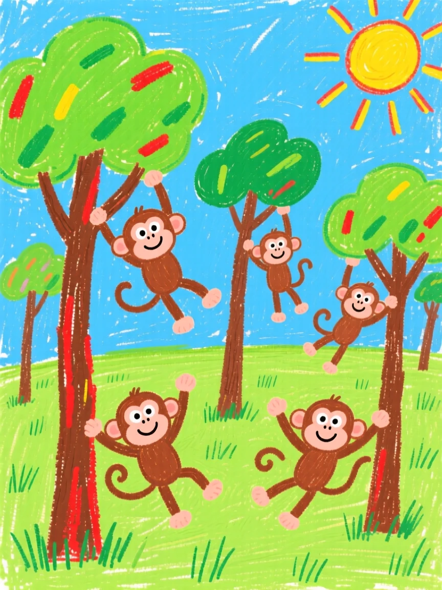 A troop of monkeys swinging through trees on a wide open grassy plain.
