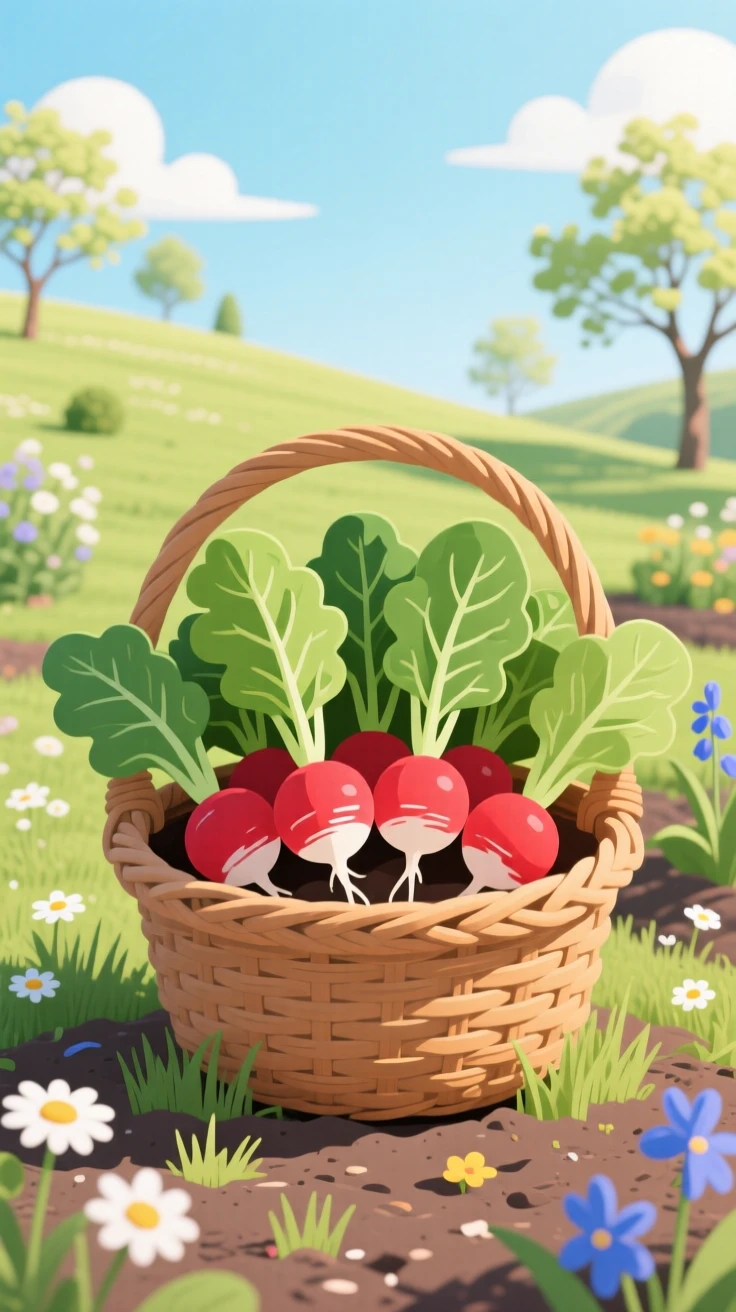 A basket of ripe spring radishes and greens from the garden, set within a peaceful outdoor seasonal scene, composed with balanced natural elements throughout, with a fresh, crisp atmosphere throughout.