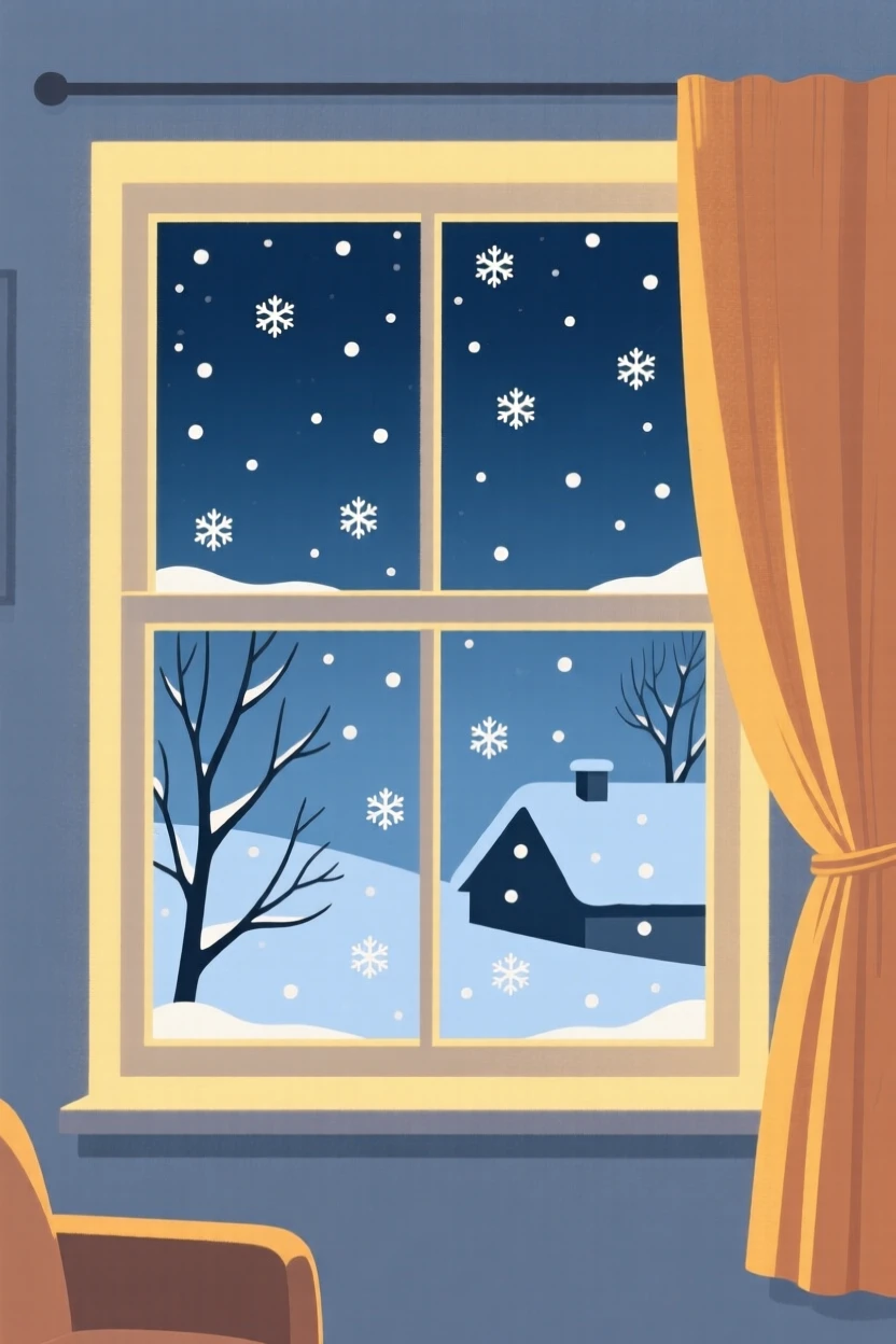 A quiet Christmas Eve scene with snow falling outside a lit window.