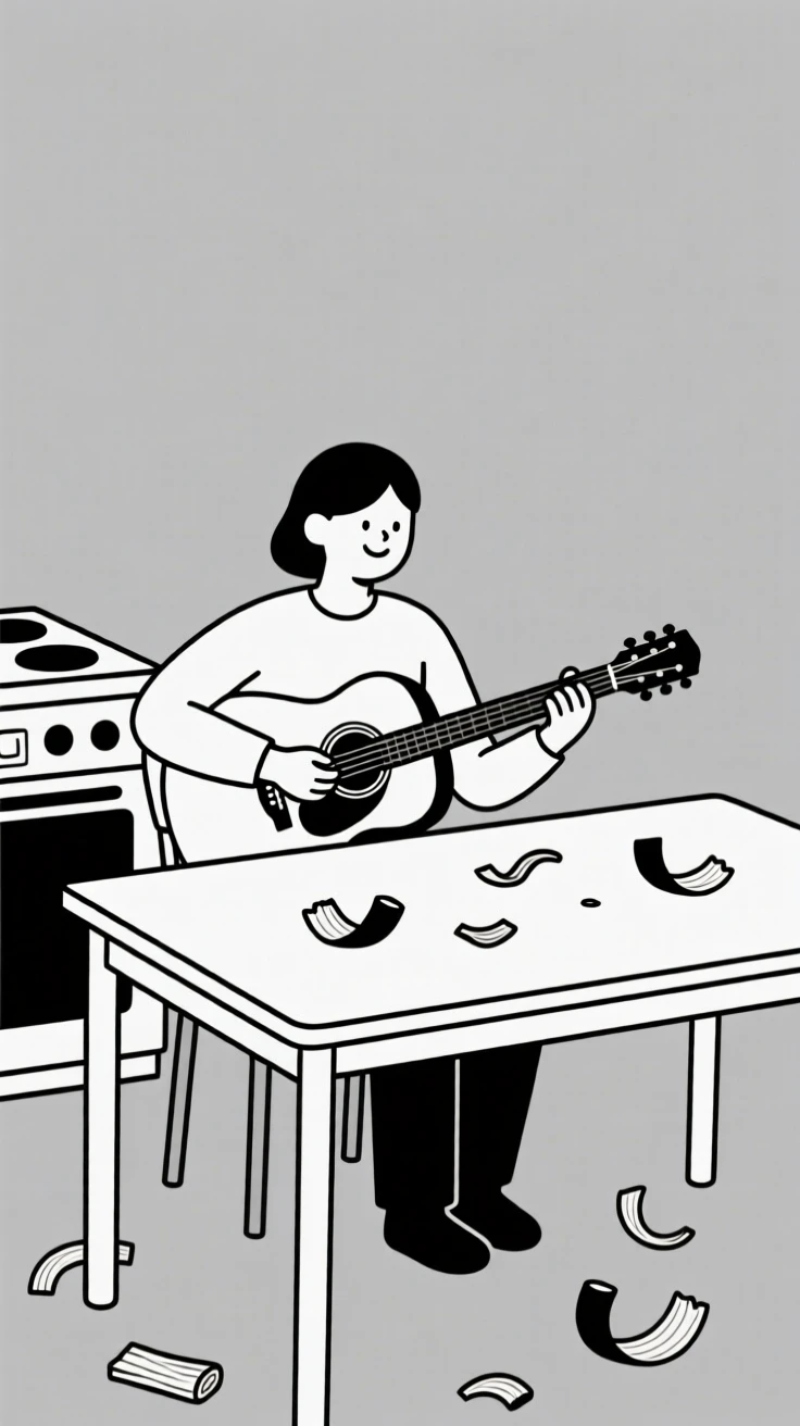 A person playing an acoustic guitar in a kitchen table, surrounded by wood shavings, showing quiet satisfaction.