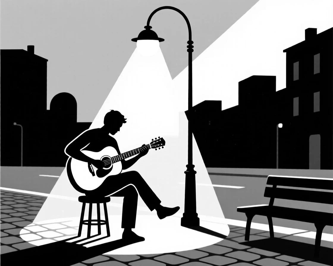 A street musician playing guitar under a lamplight.