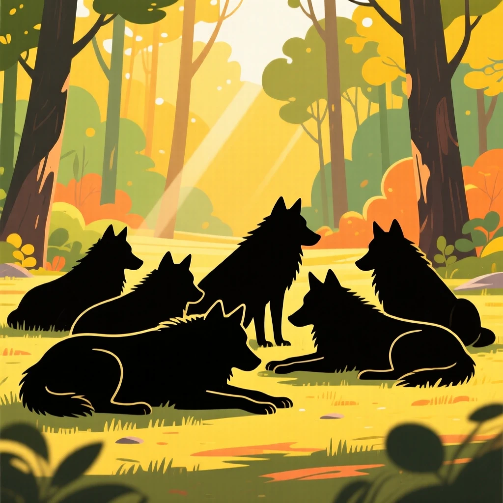 A pack of wild wolves resting together in a sunlit forest clearing.