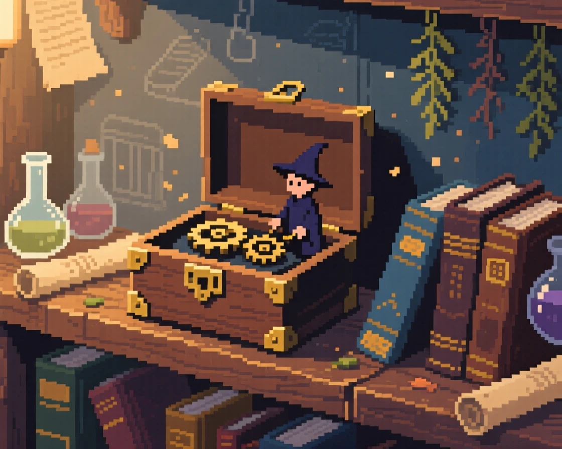 A music box that plays on its own sitting on a shelf beside dusty books, inside a wizard's cluttered study.