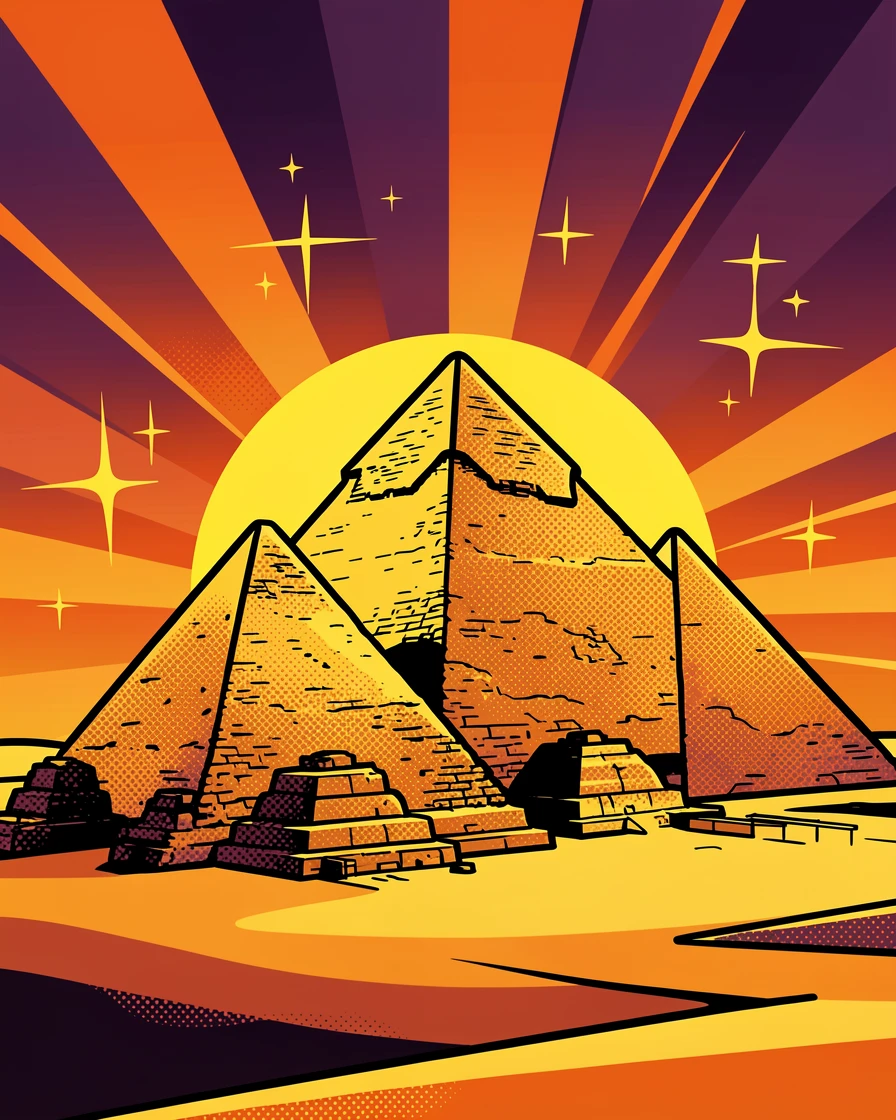The ancient pyramids of Giza at sunset