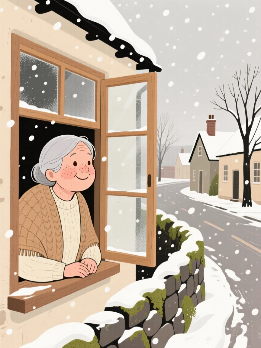 Soft snow falls over a quiet village street as a elderly woman watches from a nearby window, wrapped warmly against the spring air.