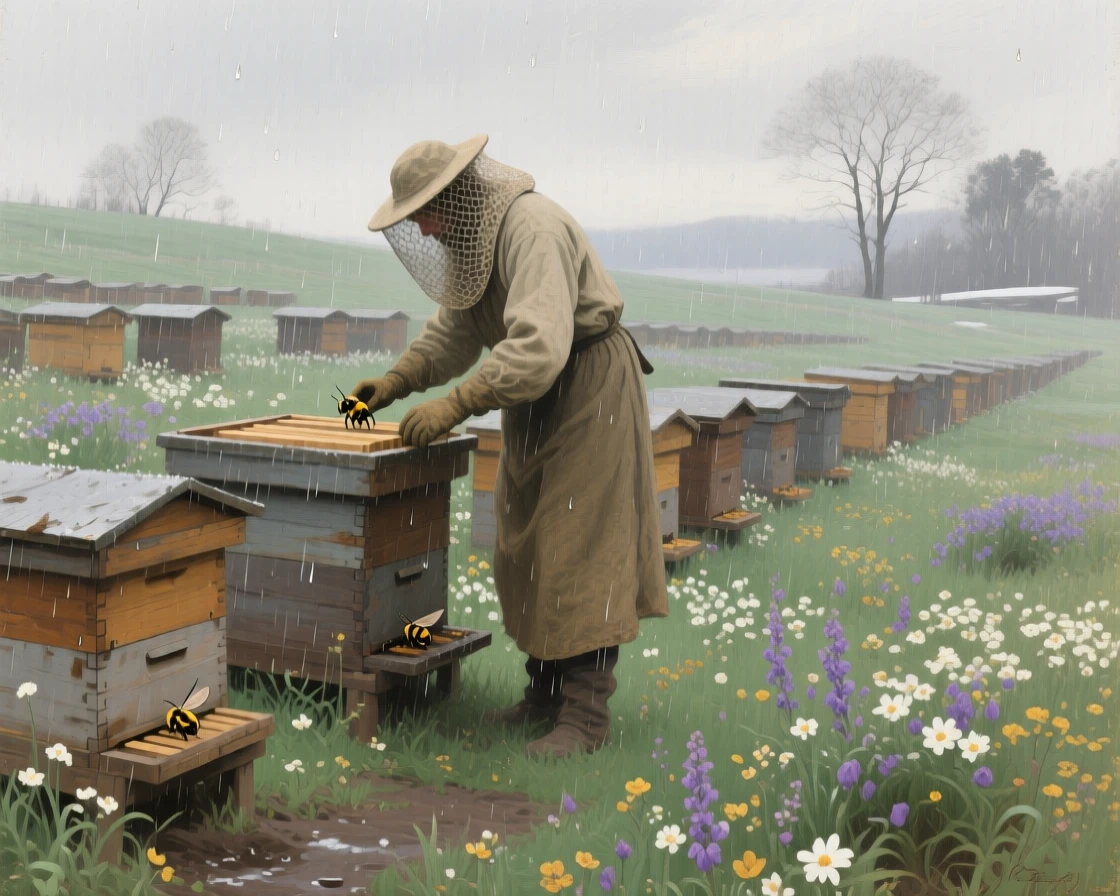 A centered composition of a beekeeper tending rows of wooden hives in a flowering meadow, during a gentle spring shower, in the quiet stillness of midwinter.