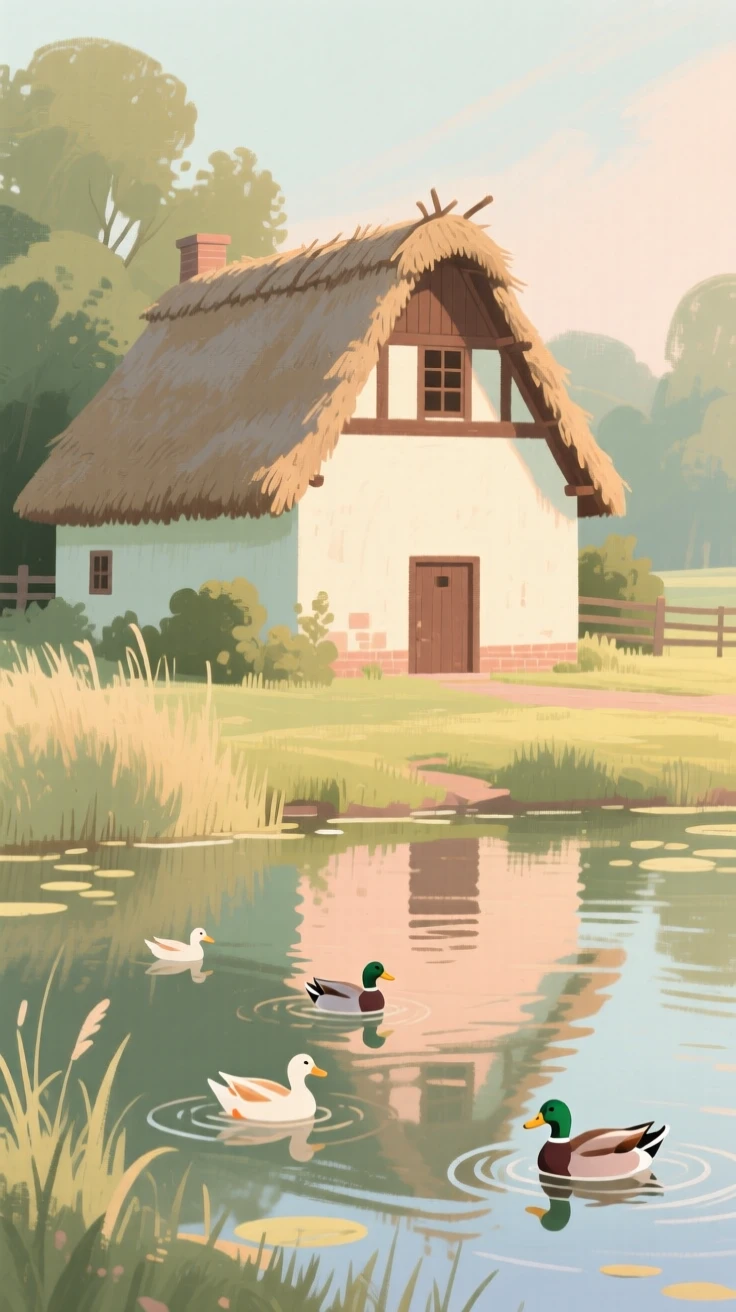 A thatched barn beside a duck pond on a quiet farm