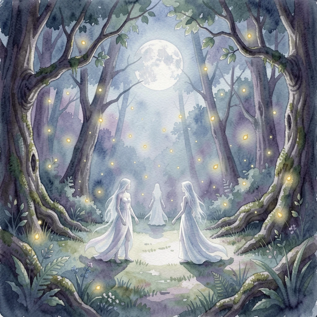 A moonlit clearing where woodland spirits gather with glowing fireflies drifting through the air.