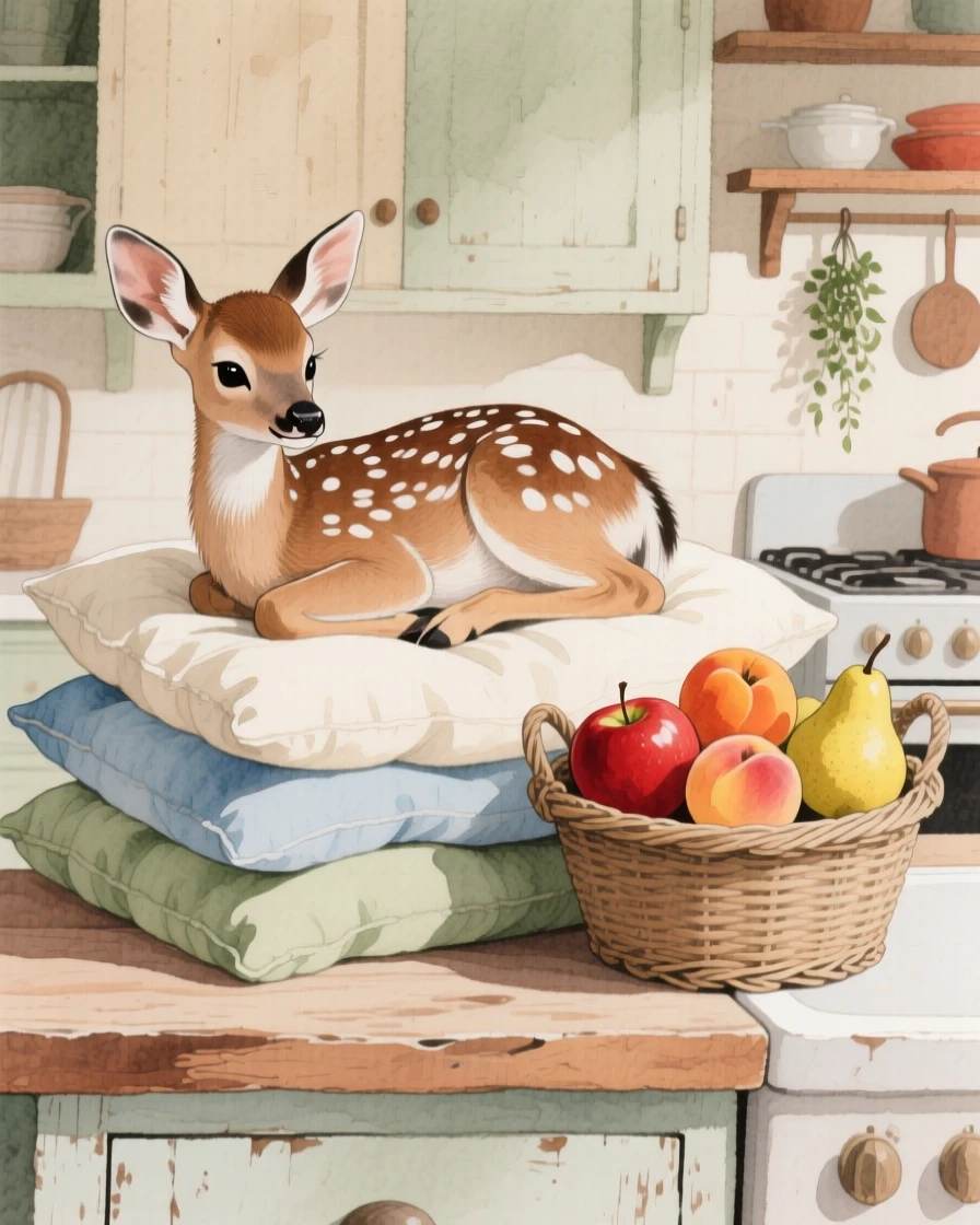 A spotted fawn rests atop a pile of pillows in a rustic farmhouse kitchen, beside a basket of ripe fruit