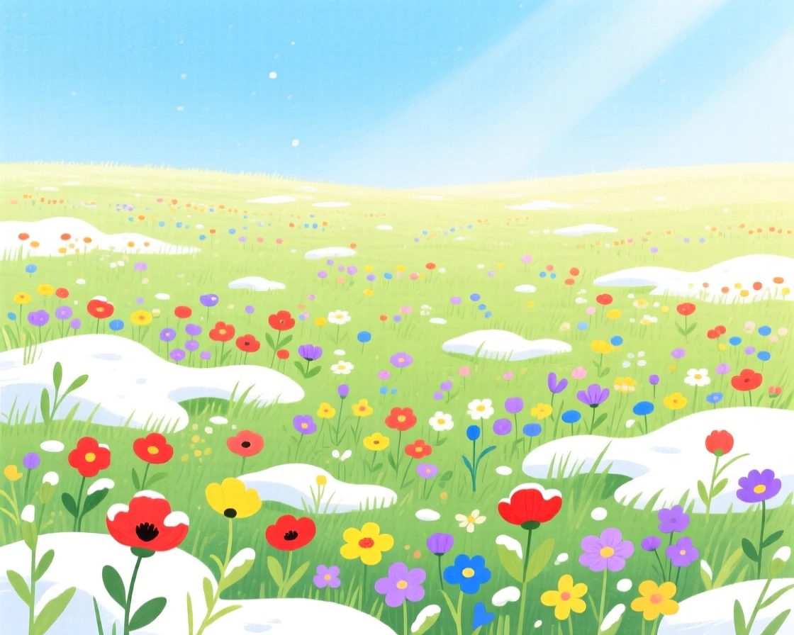 A panoramic scene of a meadow bursting with wildflowers in spring under a blanket of winter snow.