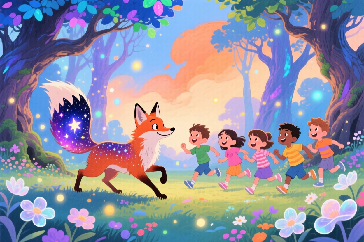 A star-tailed cosmic fox playing with a group of delighted children, in an ancient magical grove, brimming with magical warmth and beauty.