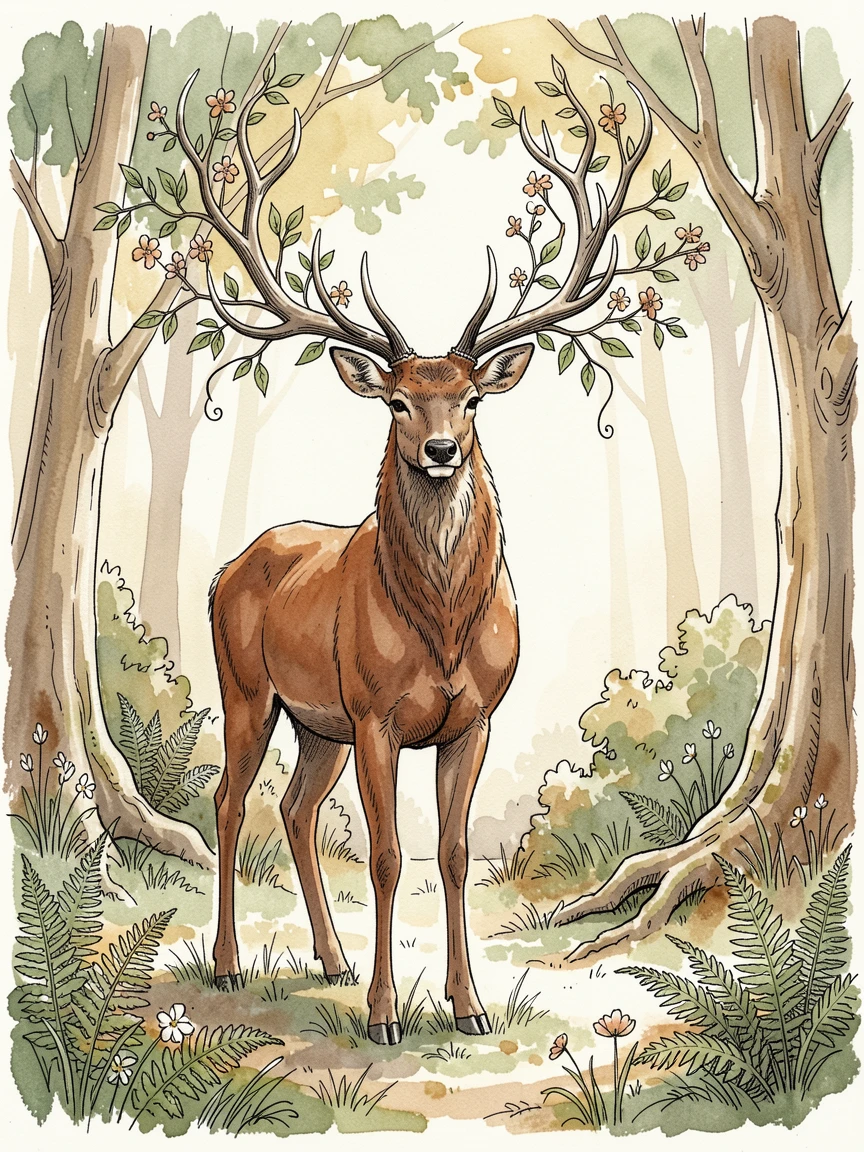 A great stag with antlers made of living branches standing in an enchanted grove, an air of wonder and quiet mystery throughout.