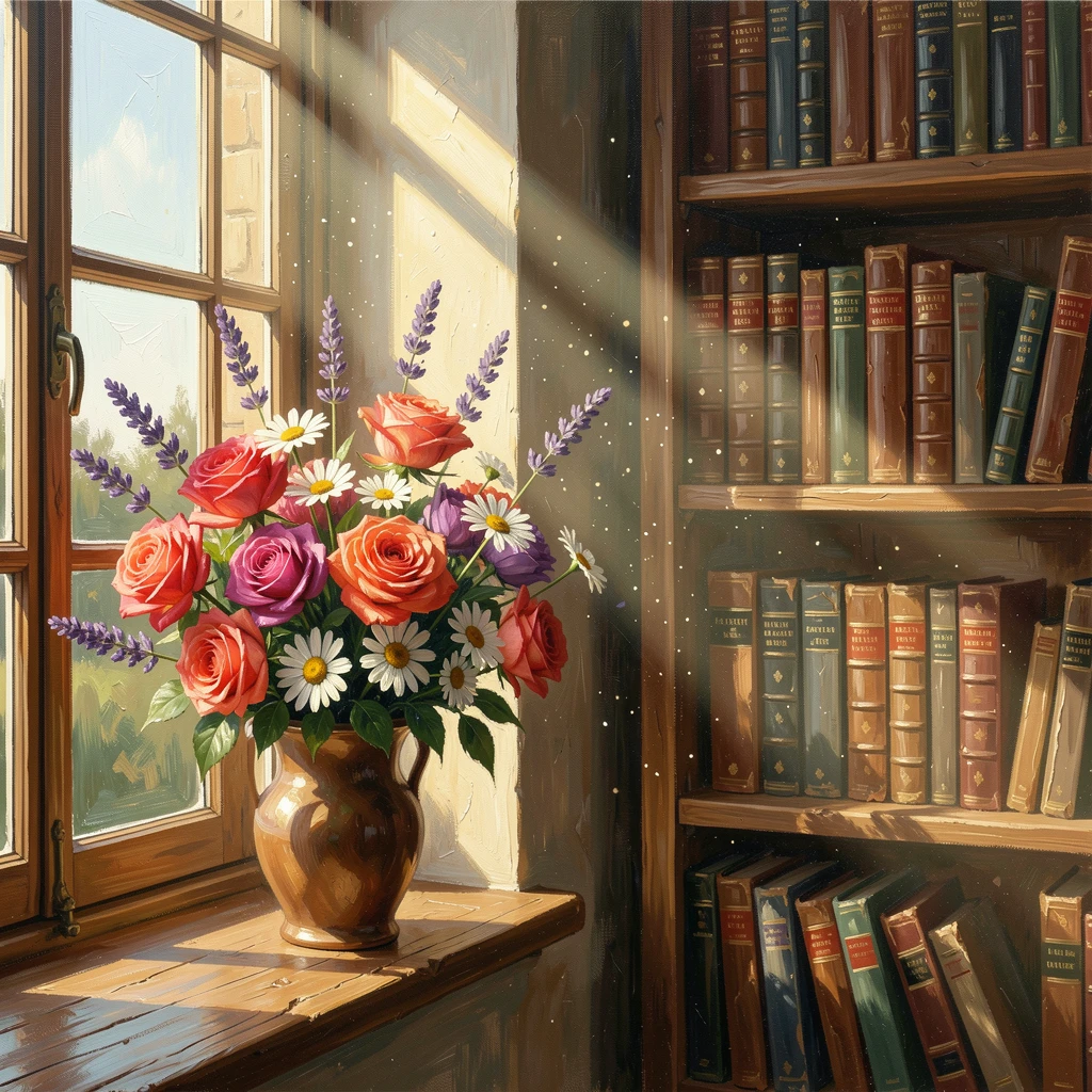 A still life of fresh flowers beside an open window, beside tall bookshelves reaching to the ceiling, dust motes drifting through a beam of light, on a lazy Sunday morning.
