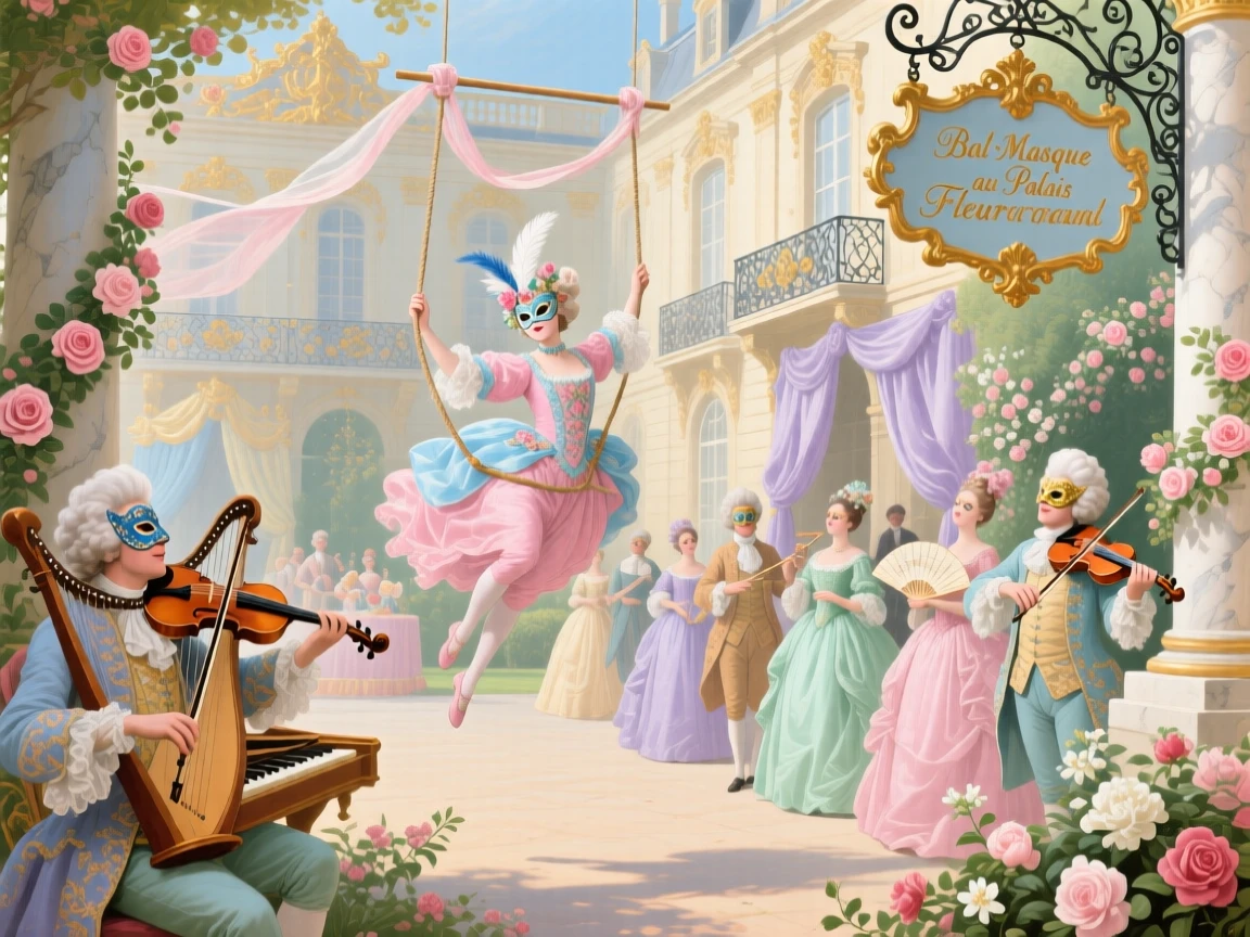 A palace carnival with masked acrobats, musicians, and flower garlands  