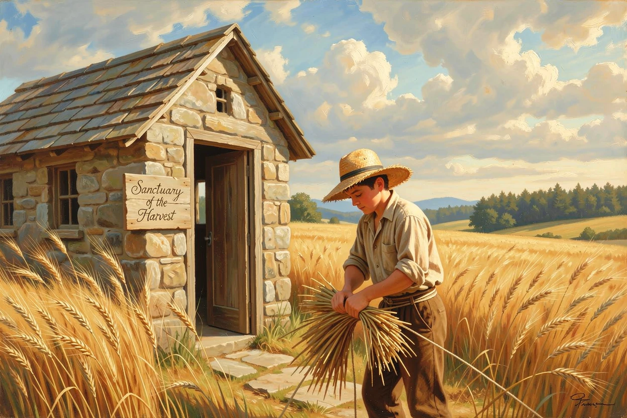 A young farmhand harvests wheat in a quiet chapel at the edge of the fields beneath a wide summer sky.