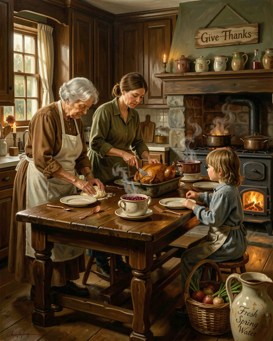A cozy Thanksgiving kitchen filled with the warmth of family and cooking, with warm, inviting light glowing throughout the scene, evoking cherished holiday memories and nostalgic feeling