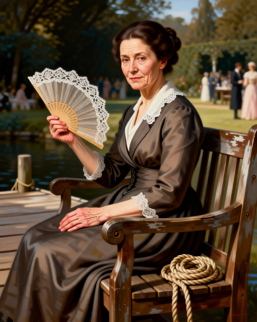 A society lady fanning herself at an elegant garden party caught between one breath and the next, set on a weathered dockside bench beside coiled rope, with worn hands and a face lined by years of quiet labor; the hands are given equal storytelling weight alongside the face, capturing grace under the weight of everyday devotion.