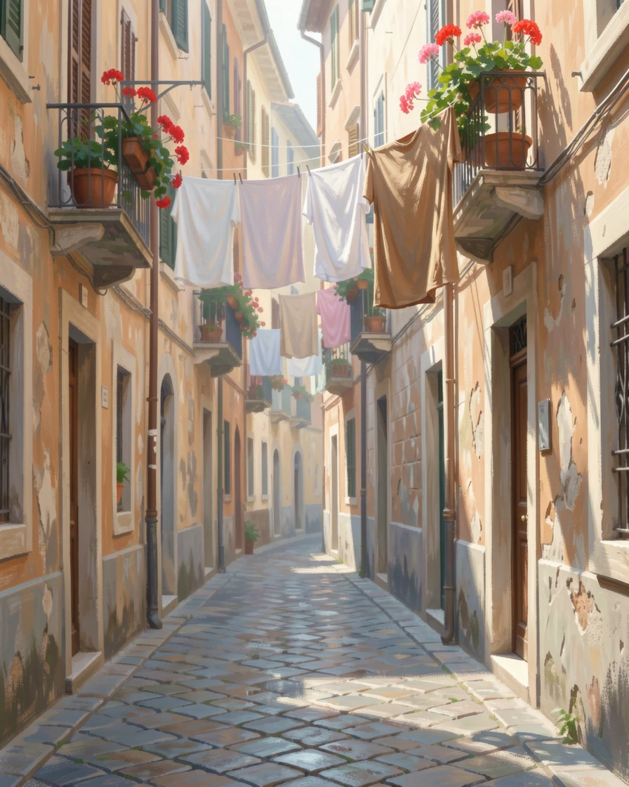 A narrow cobblestone alley in Rome draped with hanging laundry and blooming geraniums, in the gentle hush of early morning, capturing a fleeting moment of pure happiness.