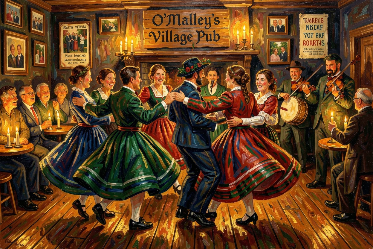 A traditional Irish céilí dance taking place in a candlelit village pub.