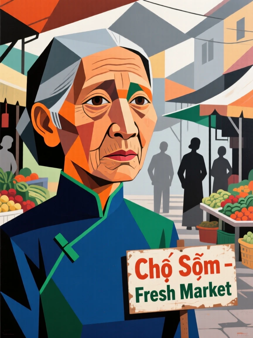 A close-up portrait of an elderly woman of Vietnamese heritage, whispering a secret, at the edge of a bustling market.