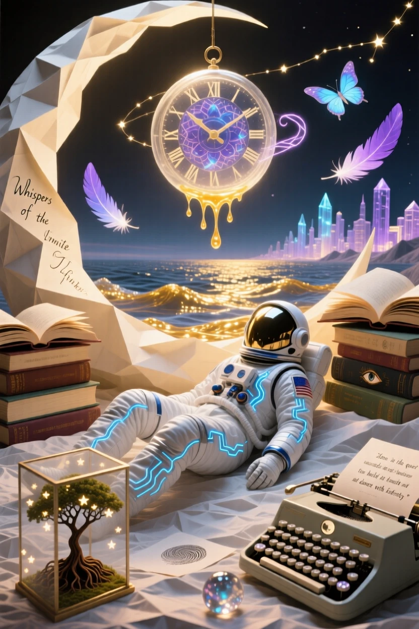A lone astronaut resting quietly on the surface of a paper moon moves gracefully through a scene bathed in soft golden light, as everything around them holds still in quiet reverence.