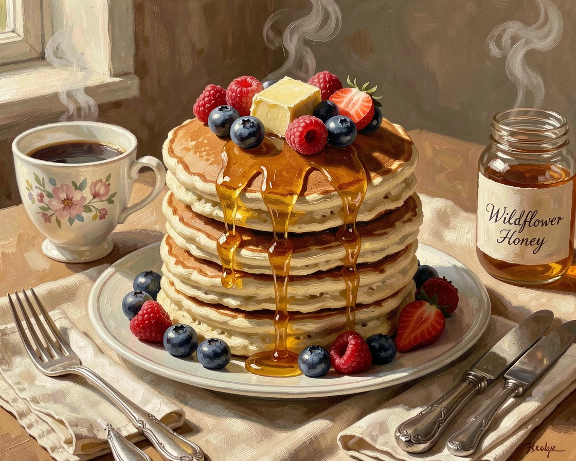 A stack of fluffy pancakes drips with golden syrup and melting butter, fresh berries scattered across the top on a sunlit breakfast table, the surrounding table setting adding context and warmth to the overall presentation.