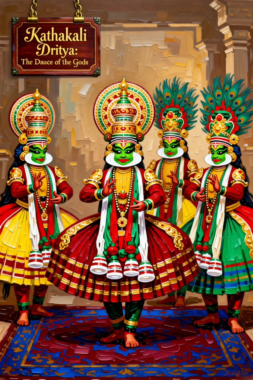 A group of Kathakali dancers in elaborate makeup and costume performing a traditional Indian dance