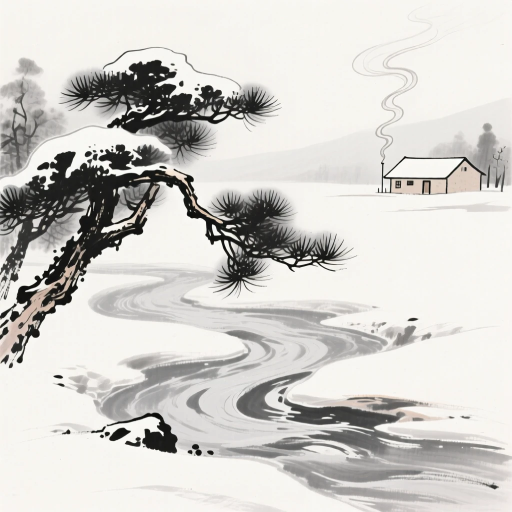 Snow-laden pine branches bend low over a frozen mountain stream, as smoke curls upward from a distant farmhouse.