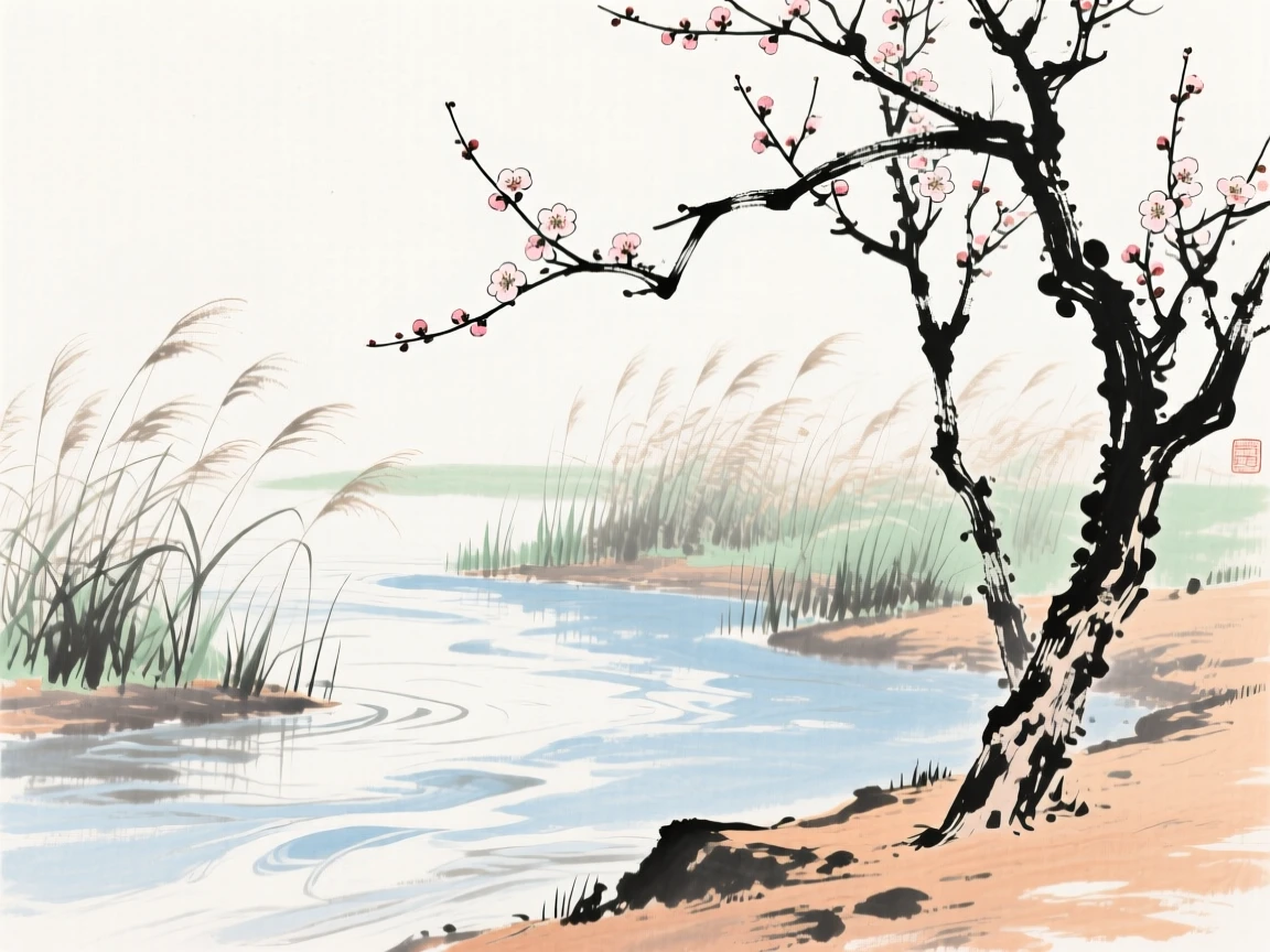 A peaceful riverside dotted with reed beds, as the last plum blossoms cling to bare branches.