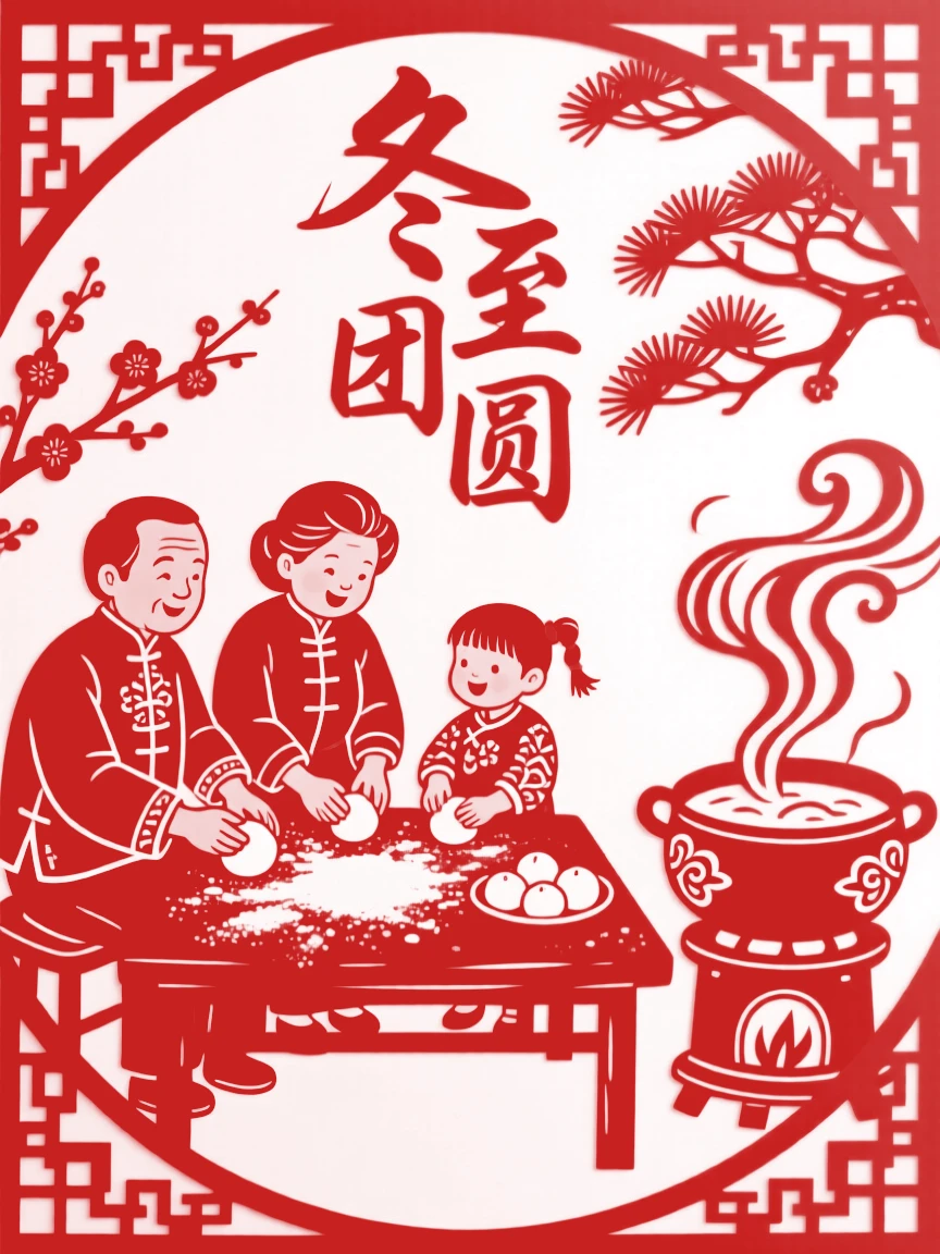 A Winter Solstice family scene of grandparents and grandchildren rolling glutinous rice balls together at a table dusted with flour, a pot bubbling on the stove nearby
