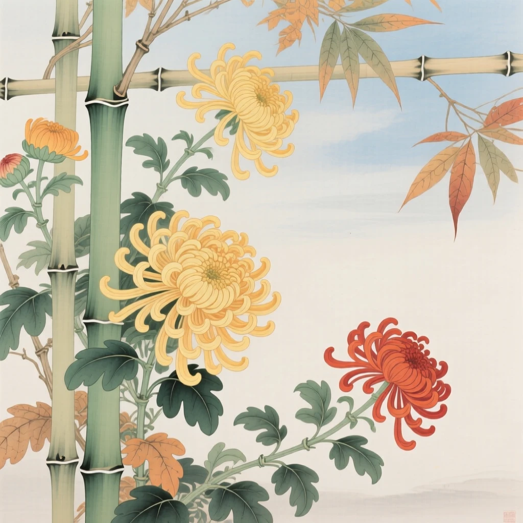 Chrysanthemums in late autumn climbing a bamboo trellis in early summer