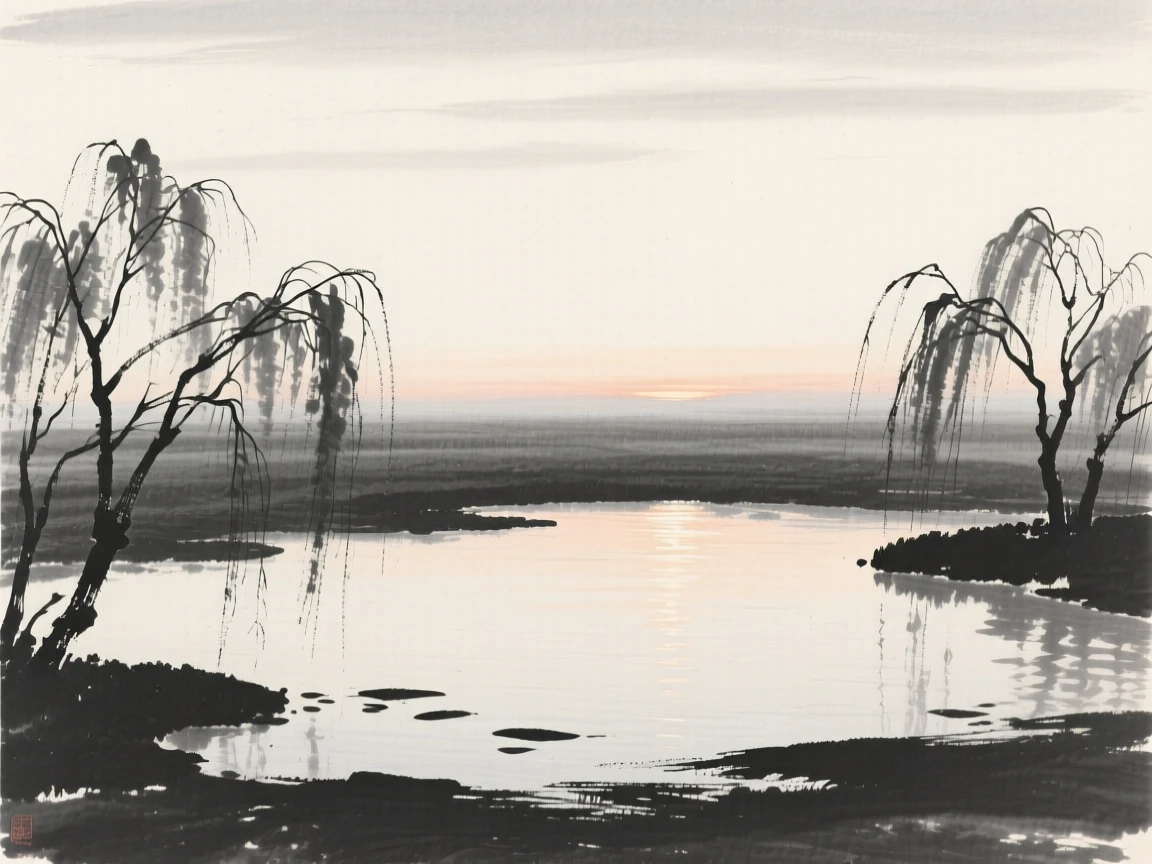 A quiet pond ringed by drooping willow branches with the last light of dusk catching the water's surface, composed with wide open space above to emphasize the scale of the sky, evoking a deep sense of solitude and quiet grandeur.