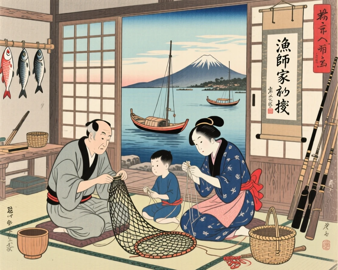 A fisherman's family passing down skills in a quiet workshop.
