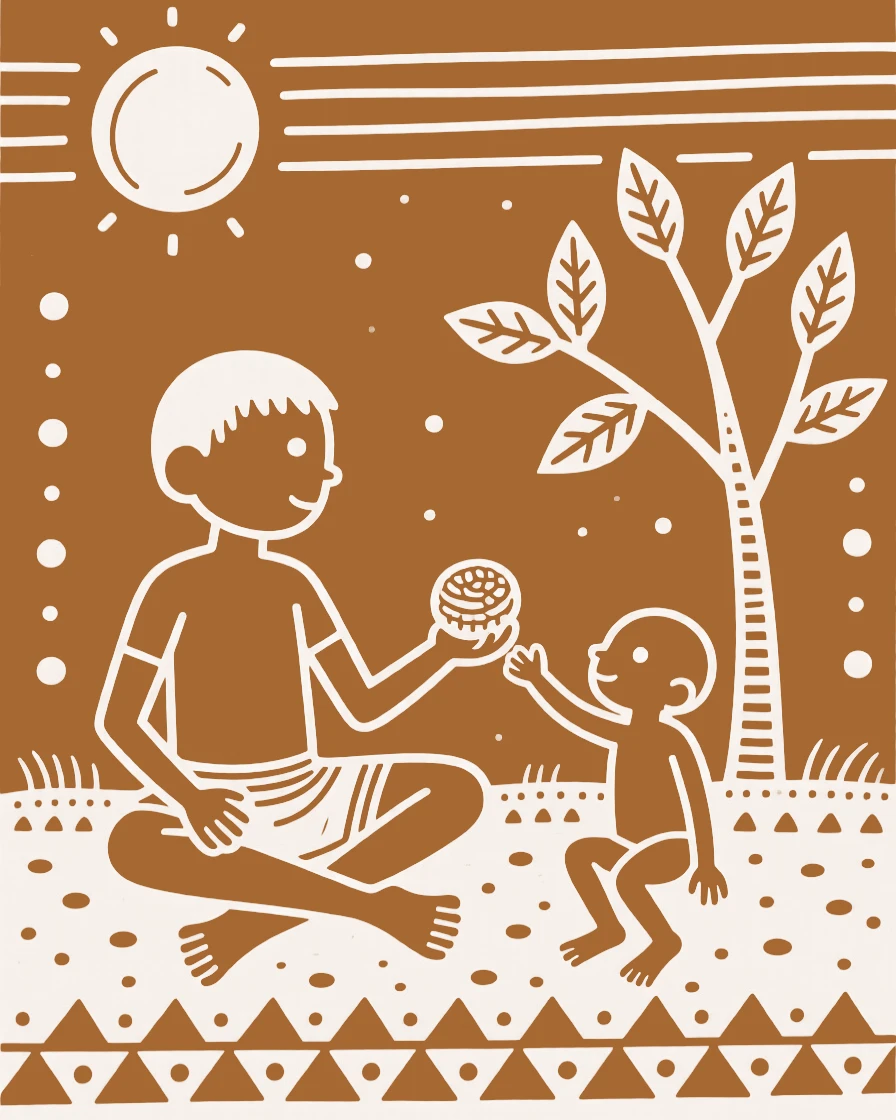 A barefoot boy sharing a treat on a warm afternoon.