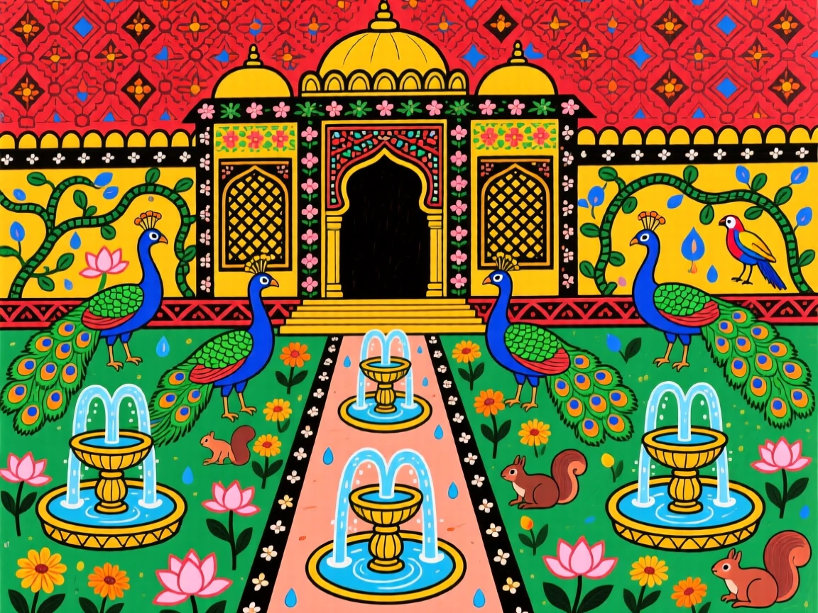 A grand palace garden filled with peacocks and blooming fountains.