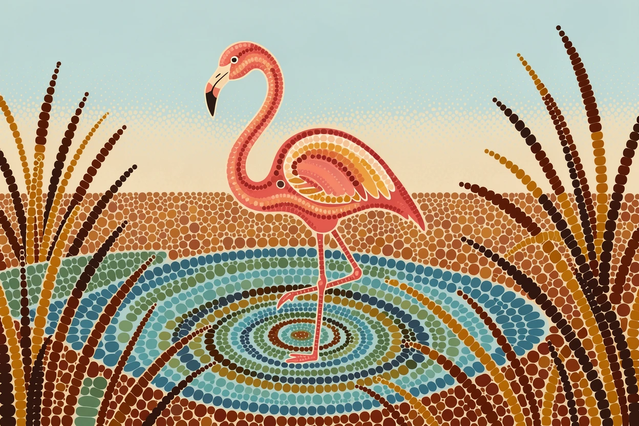 A flamingo wading through a shallow lagoon