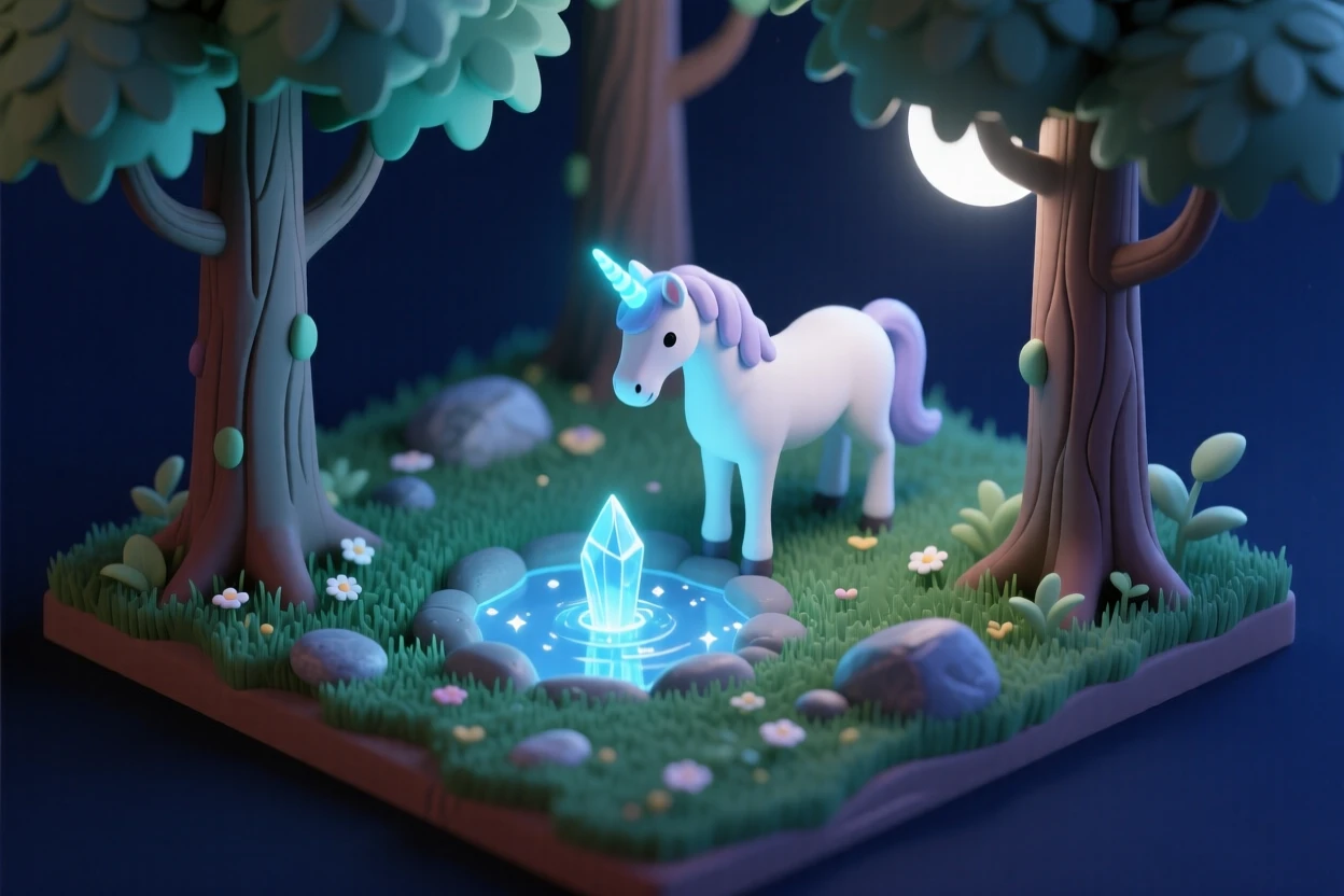 A moonlit unicorn drinking from an enchanted spring, its horn glowing softly and casting light across the clearing.